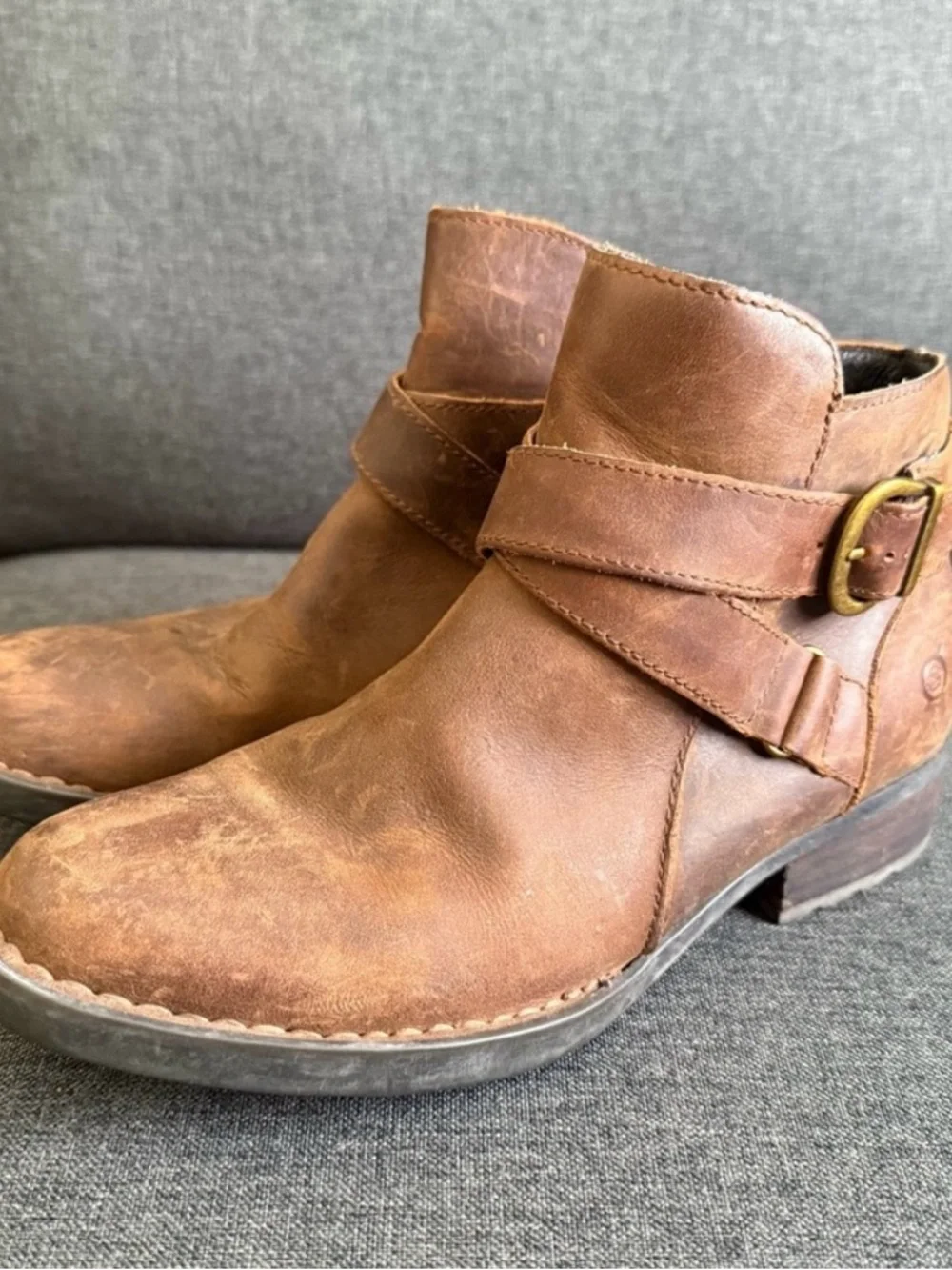 Born Distressed Tan Leather Ankle Booties with Buckle